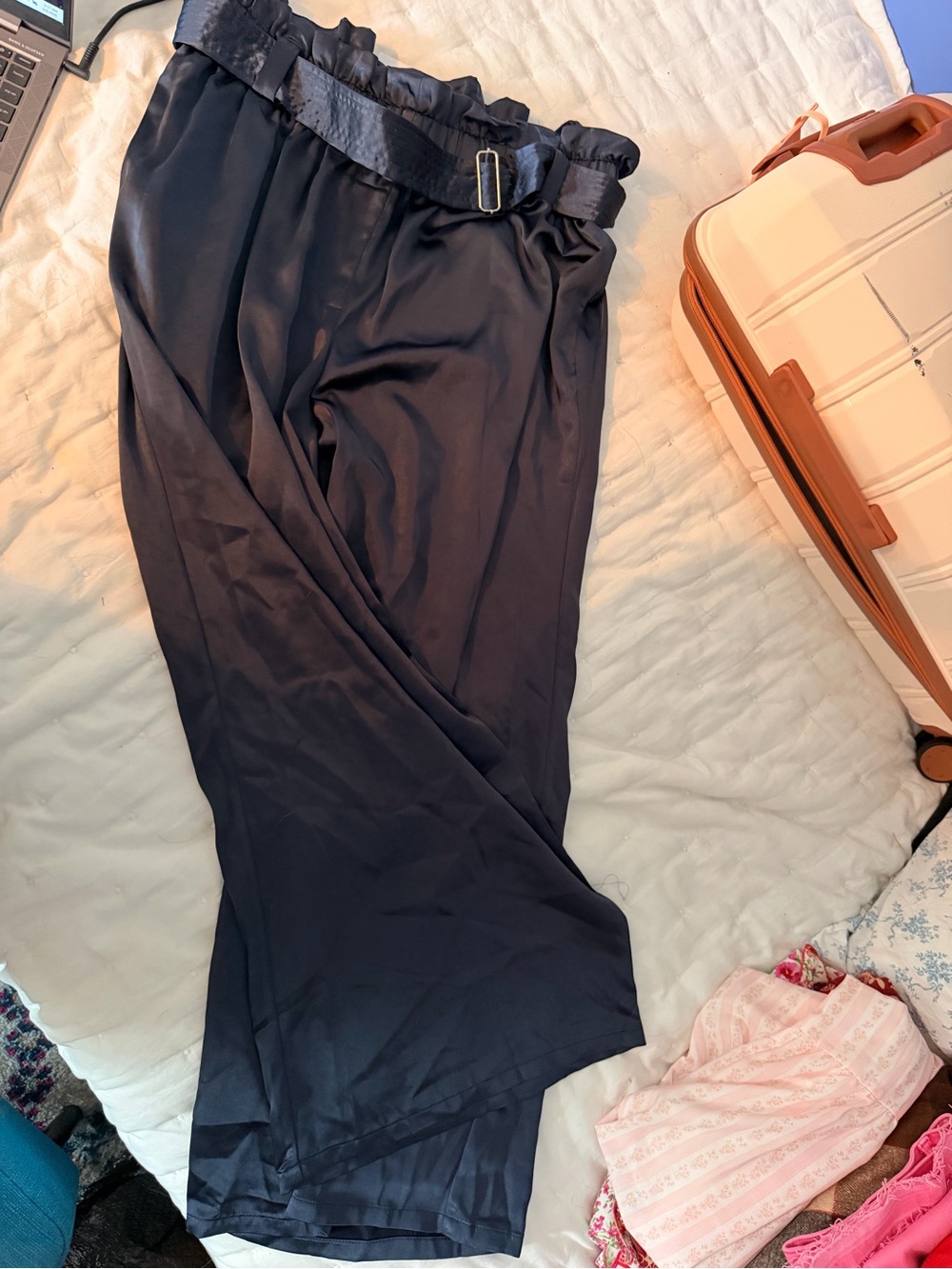 Sugarlips Navy Paperbag-Waist Wide Leg Pants with Belt Detail